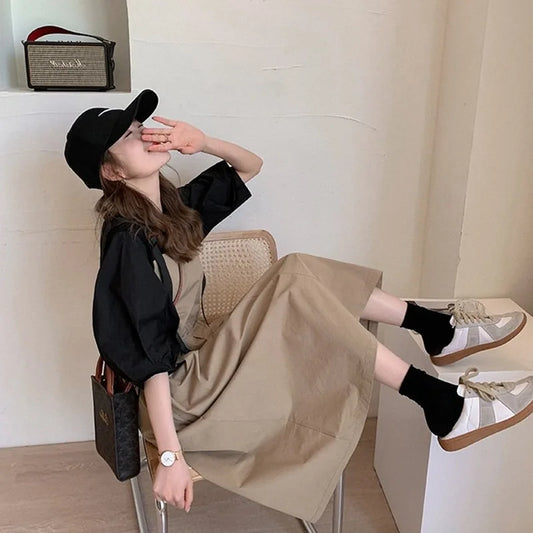 Women's Spring Summer Workwear Overalls Two-Piece Set | Trendy Bubble Puff Sleeve Streetwear Suit | Chic Salt System Casual Outfit | Premium Loose Fit O-Neck Mid-Calf Fashionable Set Luxegan