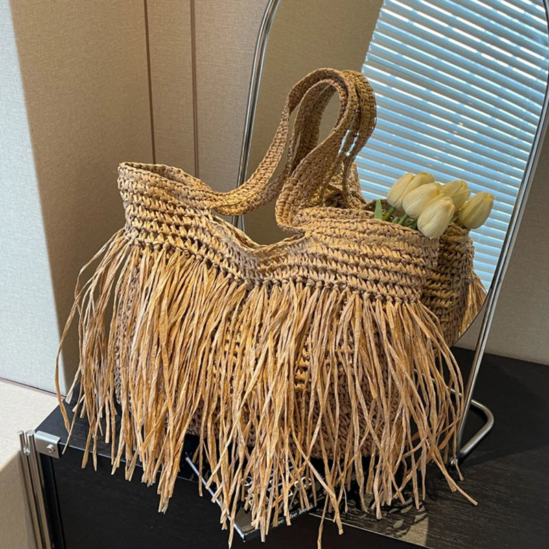 Bohemian Tassel Woven Bag | Handmade Straw Tote & Shopper Luxegan