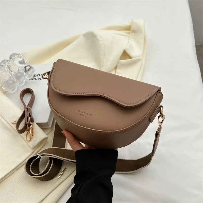Vintage PU Leather Crossbody Bag | Small Saddle Shoulder Bag with Wide Strap & Flap Design Luxegan