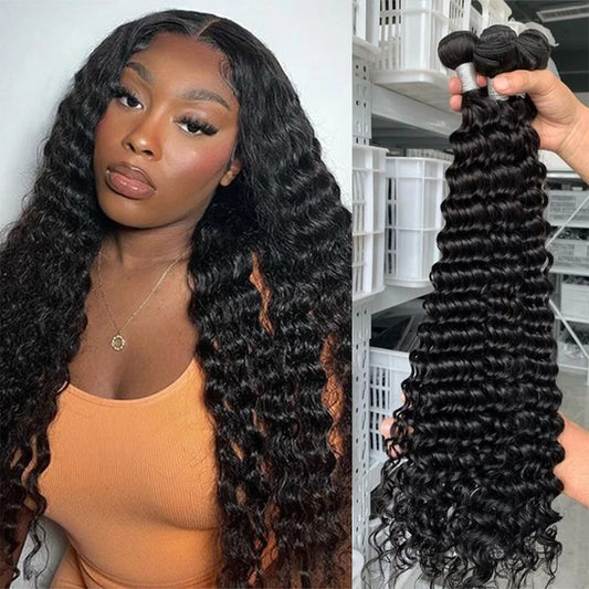 Queenlike 24 26 28 Inch Deep Wave Human Hair Bundles | Brazilian Remy Hair Extensions | Deep Curly Weave Luxegan