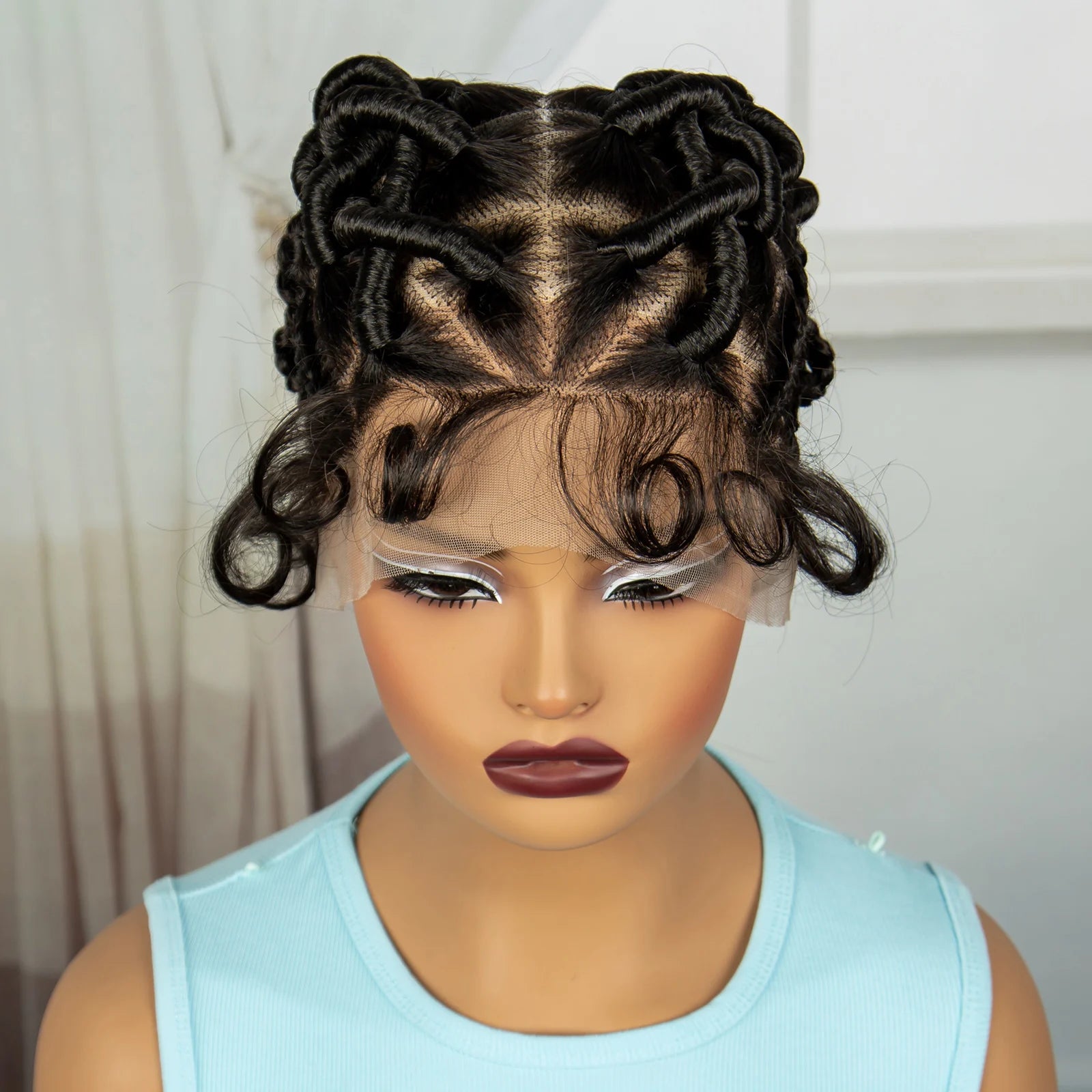 Burgundy Full Lace Synthetic Braided Wig | Knotless Box Braids & Bantu Knots | Lace Front Wig with Baby Hair for Black Women