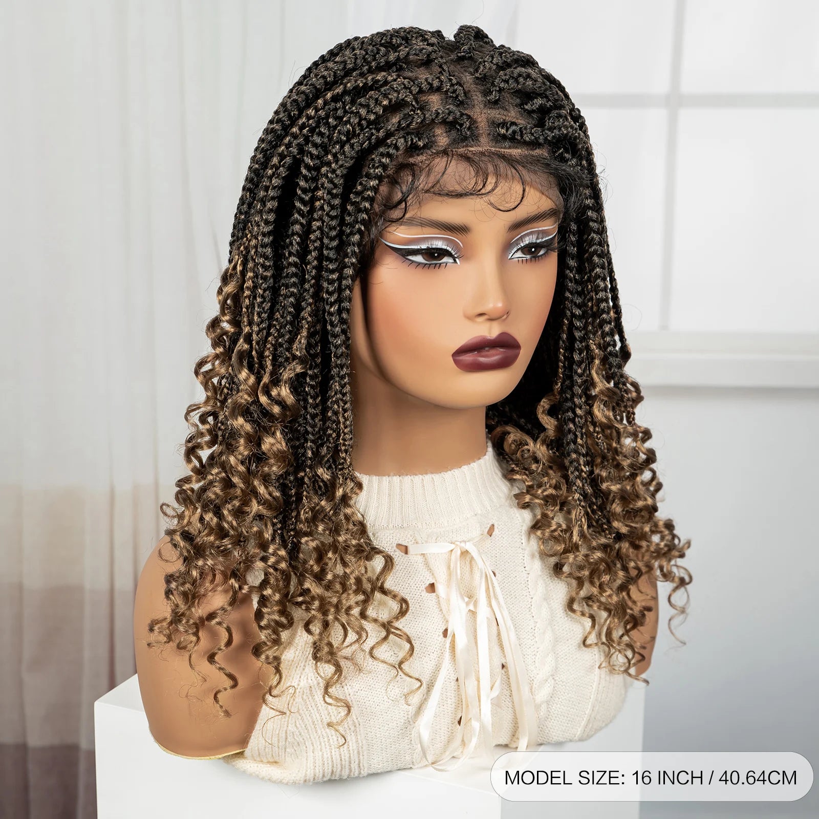 Ombre Boho Knotless Braids Bob Wig with Curly Ends | Full Lace Luxegan