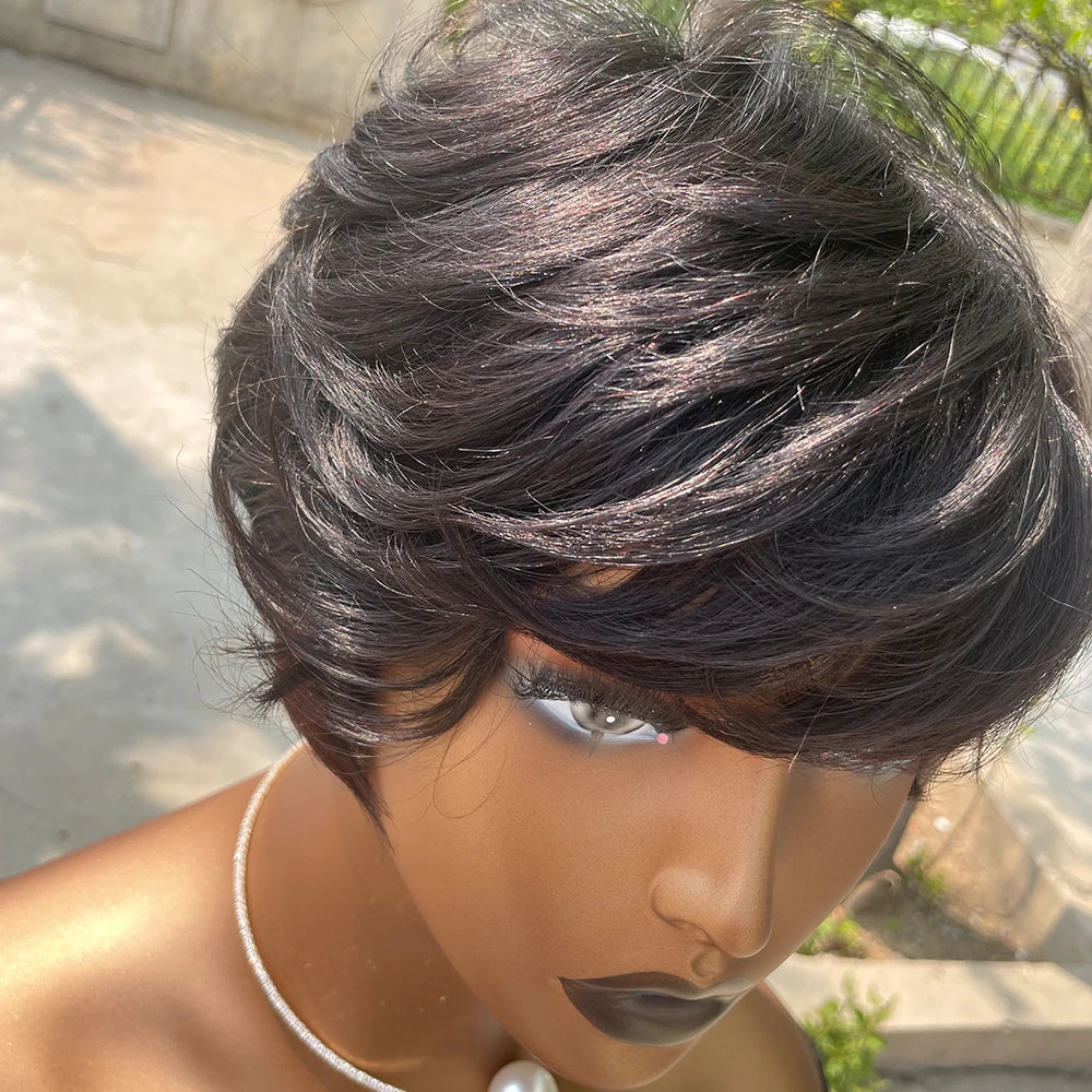 Short Pixie Cut Wig Human Hair | Machine Made Wig with Bangs | Brazilian Remy Hair | Pixie Wig for Black Women
