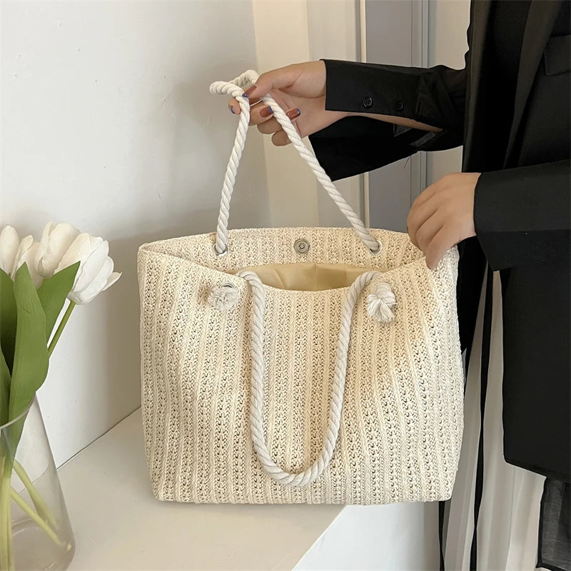 Popular Large Capacity Straw Weave Bag | Handmade Bohemian Beach Tote | Fashionable Knitting Shopper Handbag for Women Luxegan