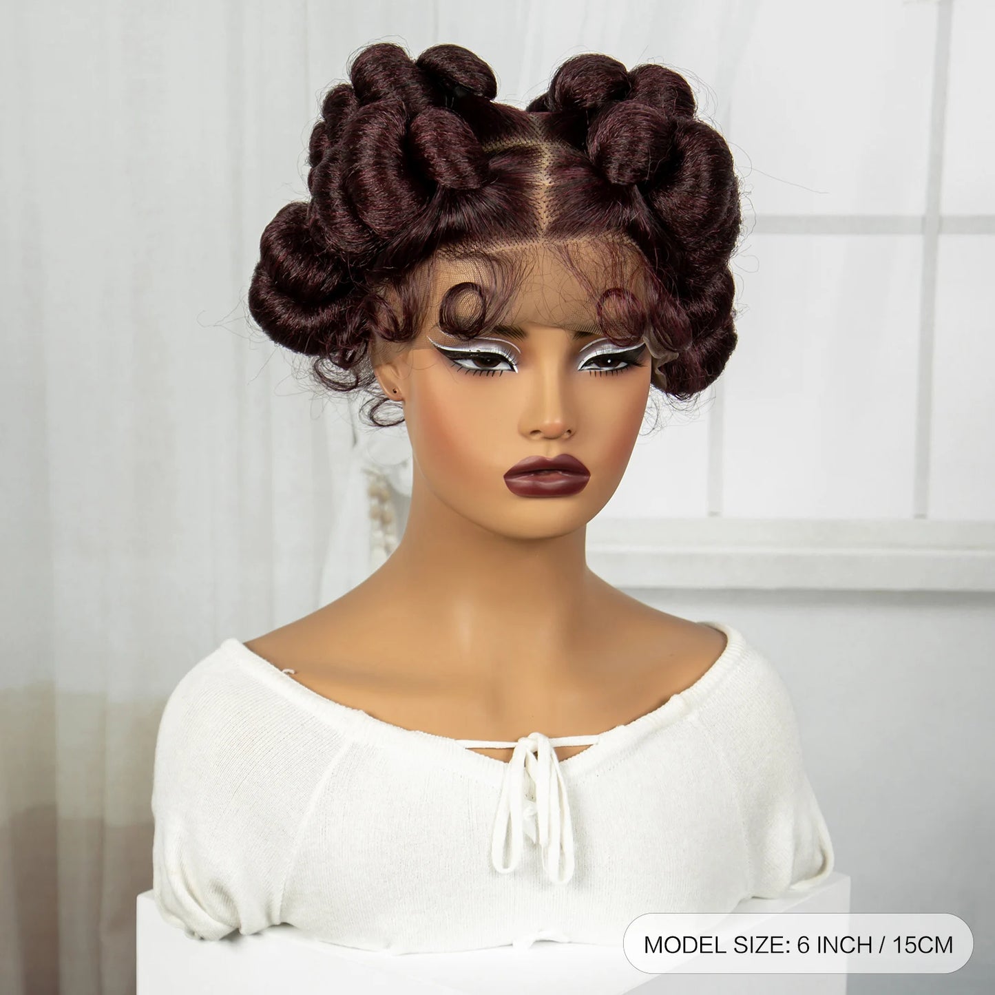 Short Cute Burgundy Bantu Knotless Braids Wig | Full Lace Handmade Luxegan