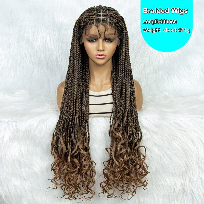 36 Inch Synthetic Braided Wigs Knotless Boho Braided Lace Wigs with Curly Ends Lace Front Braiding Hair Wig for Black Women Luxegan