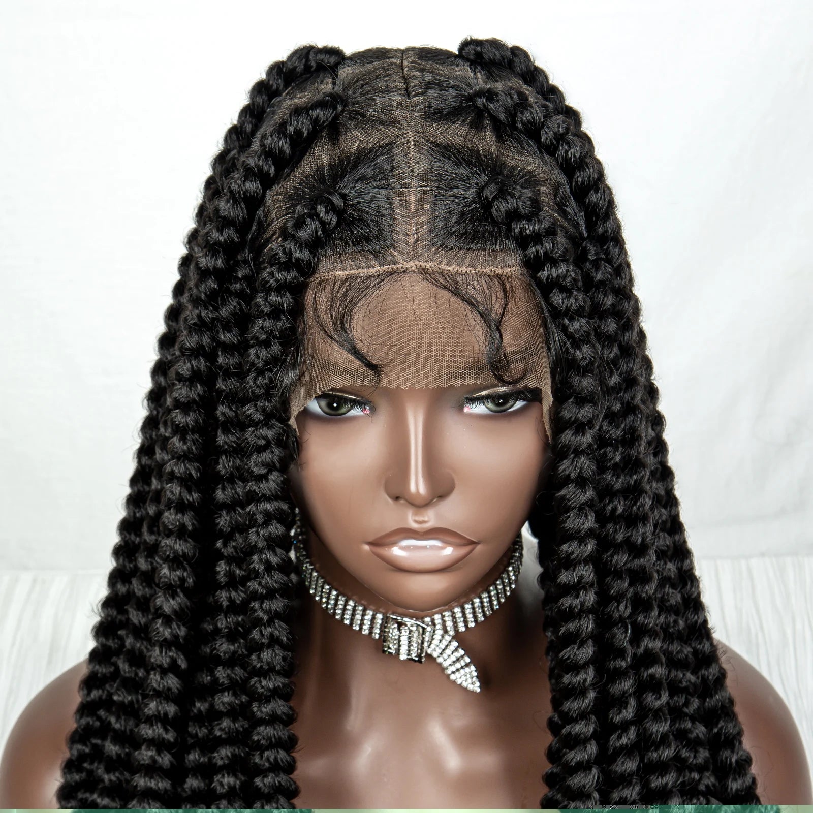 34" Jumbo Box Braids Wig | Full Lace | Cornrow Accents | Natural Color | Kanekalon Luxegan