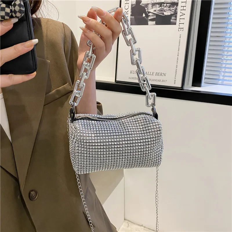 ABS Pillow Shaped Bucket Bag | Moderate Hardness Allover Rhinestone Glitter Chain Crossbody Luxegan