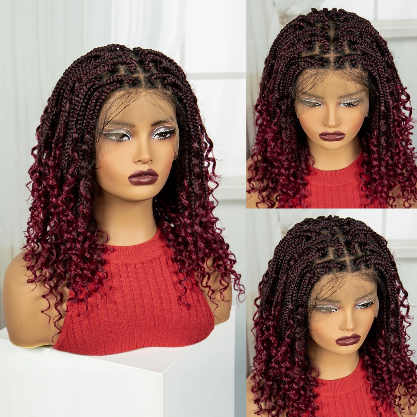 Burgundy Curly Ends Knotless Braids Bob Wig | 99J | Full Lace | Boho Style Luxegan