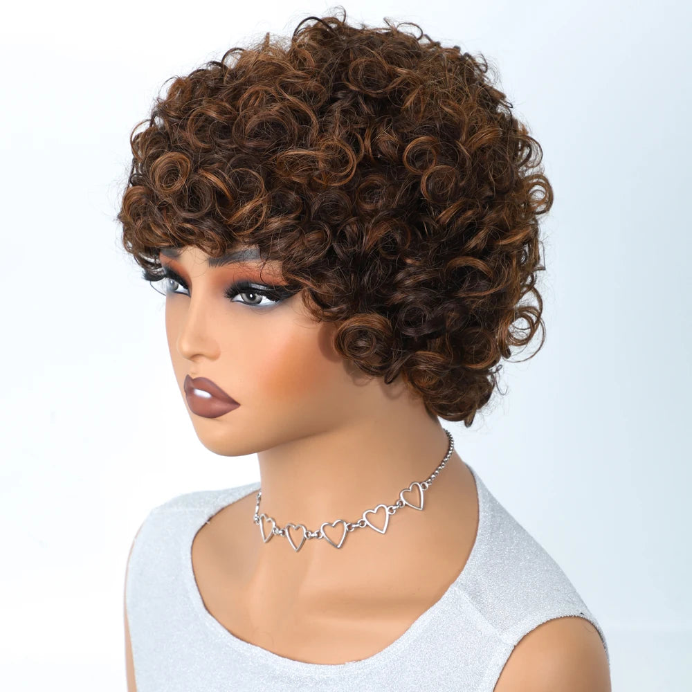 Sleek Short Pixie Afro Kinky Curly Wig with Bangs | Glueless Peruvian Remy Hair Bob Luxegan