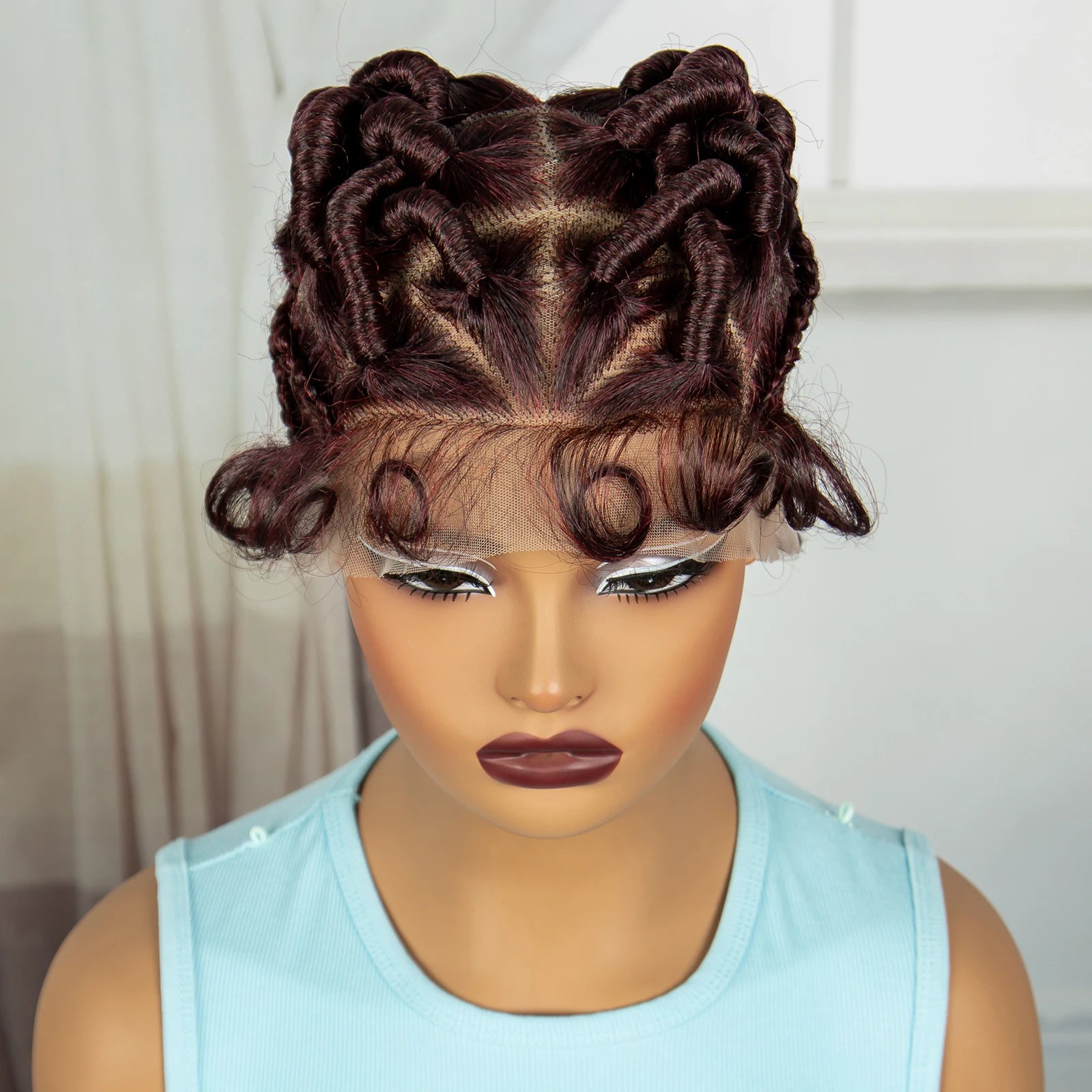 Burgundy Full Lace Synthetic Braided Wig | Knotless Box Braids & Bantu Knots | Lace Front Wig with Baby Hair for Black Women