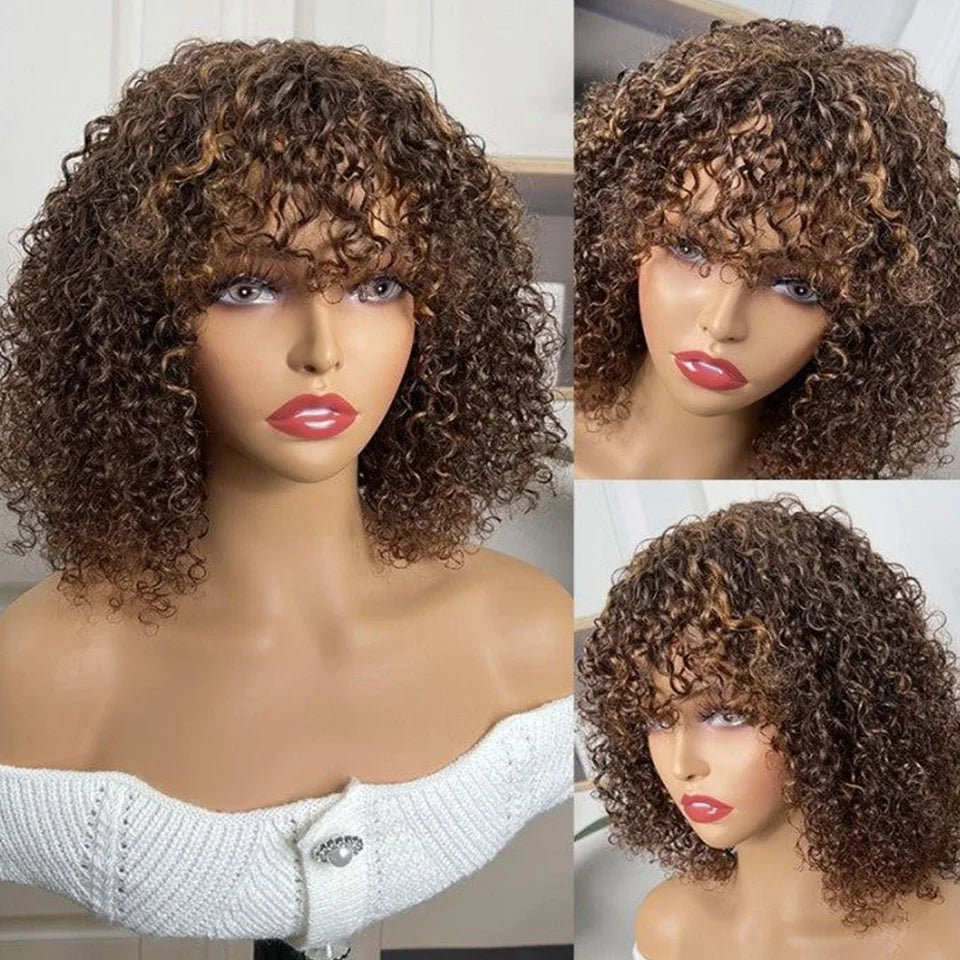 Jerry Curly Short Pixie Bob Wig with Bangs | Full Machine Made Remy Human Hair for Black Women Luxegan