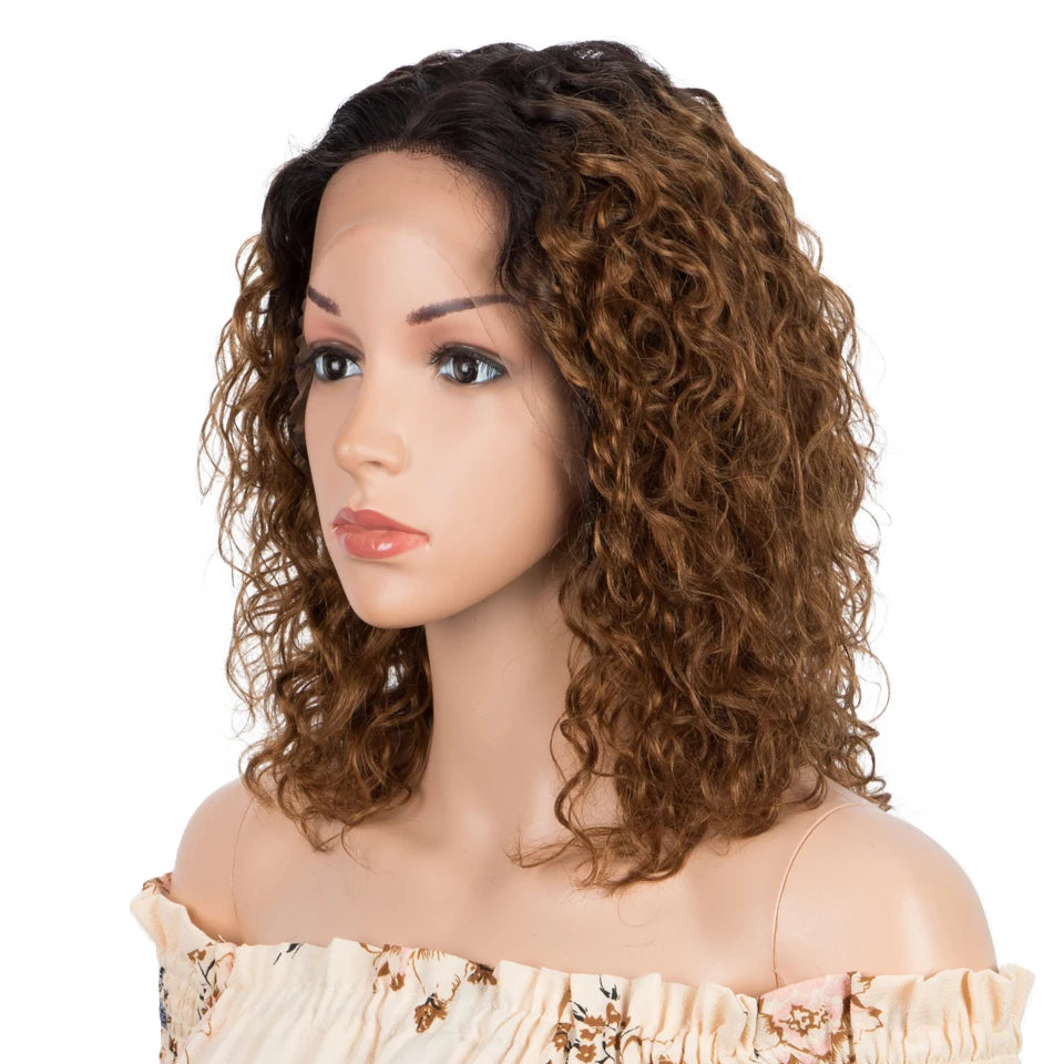 Sleek Curly Human Hair Wig | Brown Highlights | 13x1 T Part Lace Wig | Brazilian Remy Hair | Water Wave