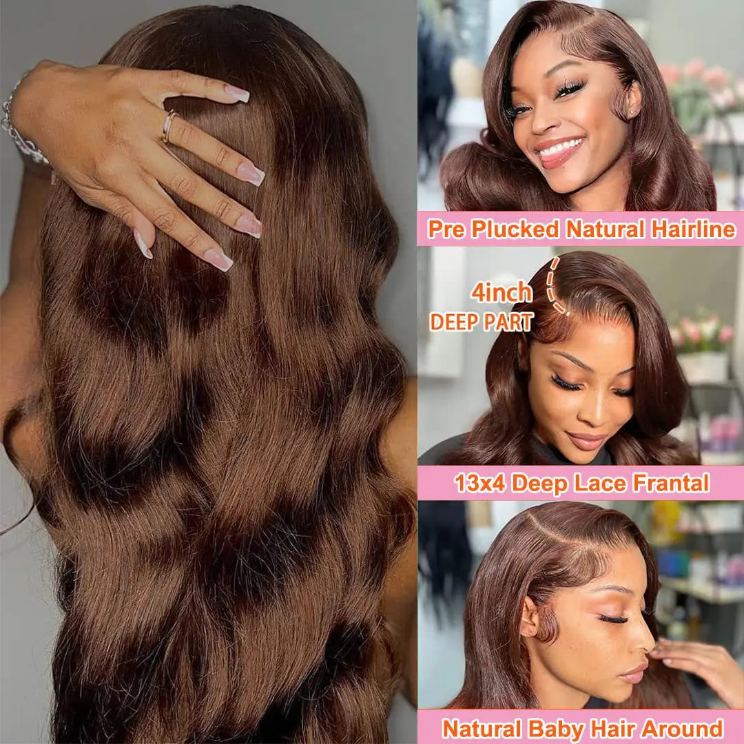Chocolate Brown Body Wave Lace Front Wig Human Hair Pre-Plucked Brazilian Virgin Hair Bleached Knots HD Lace Frontal Wig