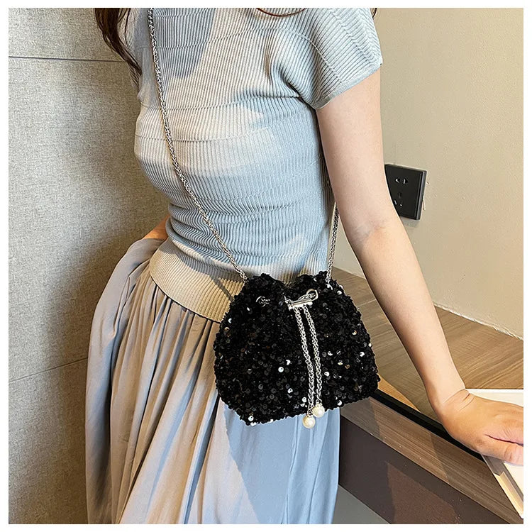 Good-looking Personality Sequin Women's New Korean Bucket Bag | Bright Eyes Style Fashion Crossbody Dinner Single Shoulder Bags Luxegan