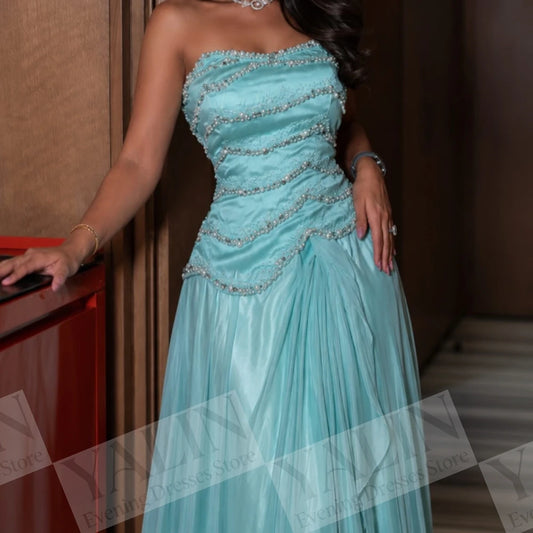 Beaded Draped A-Line Prom Gown | Strapless Sleeveless Floor-Length Evening Dress - view 2