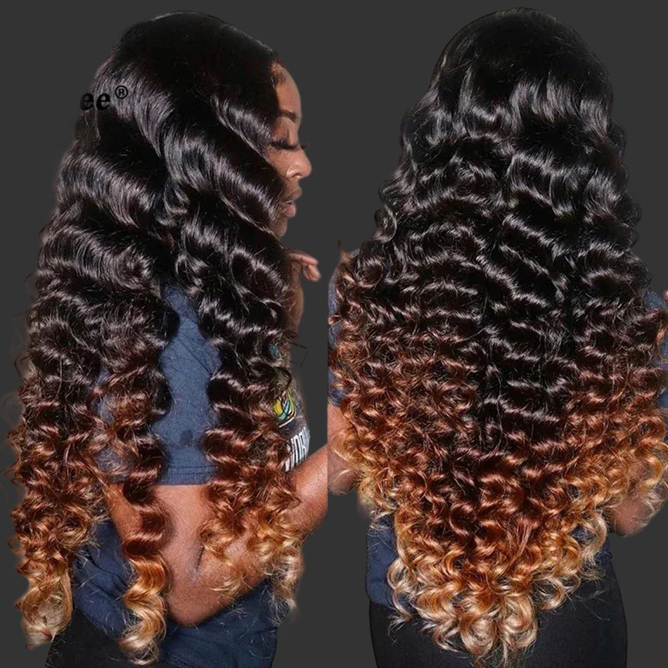 Honey Blonde Ombre Loose Deep Wave HD Lace Wig | Sophisticated 13x6 Transparent Frontal | Elegant "Brazilian Remy" 26+ Inch Silhouette | "Dignified" Pre-Plucked Curly Human Hair for Radiant Versatile Styling Luxegan