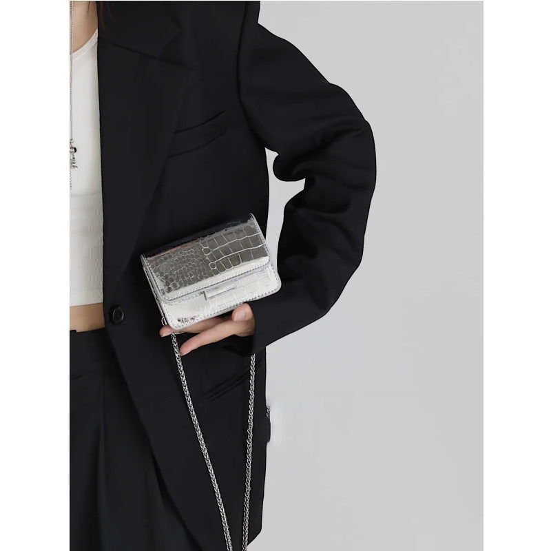 Summer Patent Leather Chain Mini Handbag | Women's Silver PU Crossbody Bag | HARD Fashion Square Buckle Lipstick Purse Luxegan
