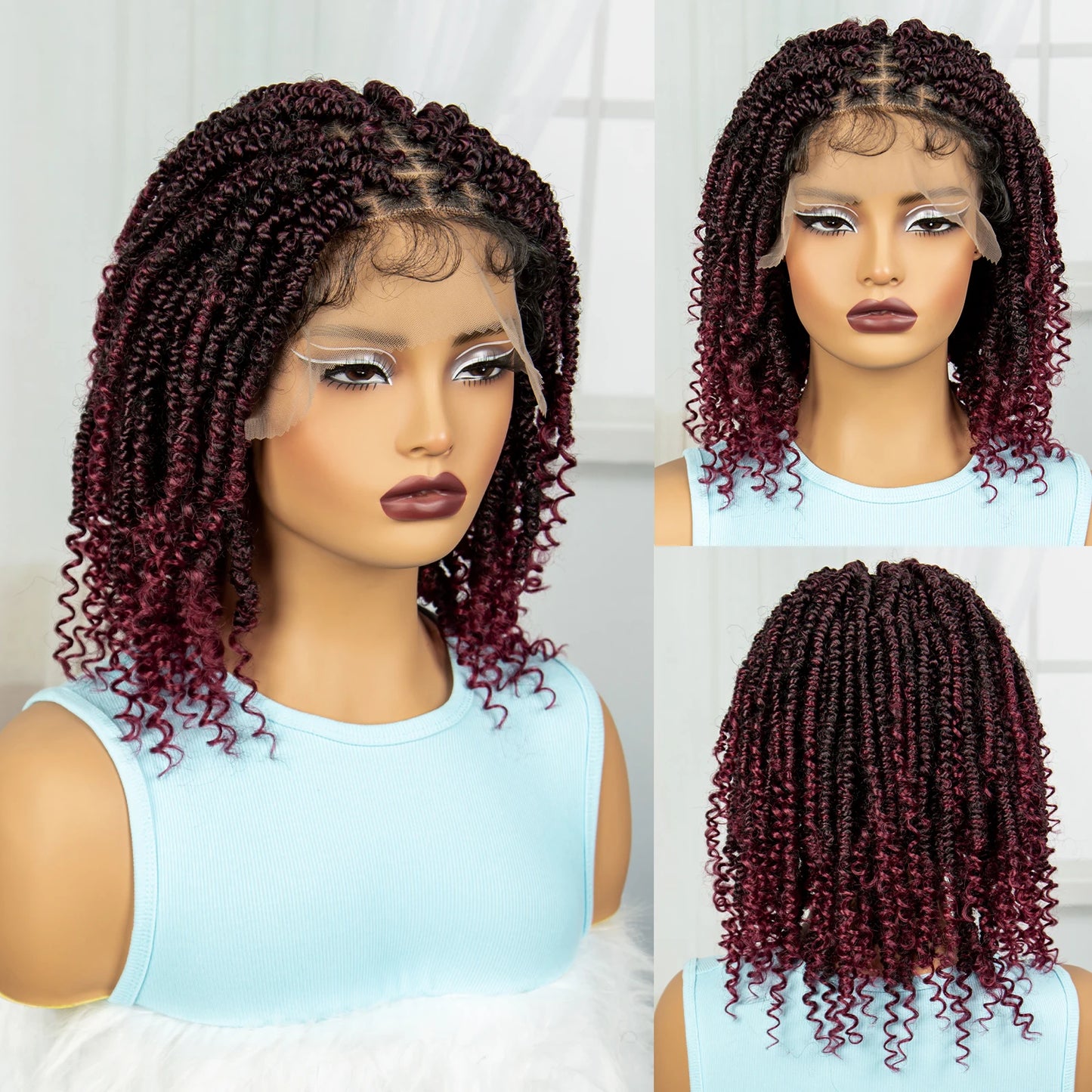 Short Knotless Box Braids Wig with Curly Ends | Handmade Lace Front Bob Luxegan