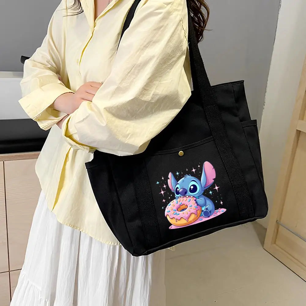 Lilo & Stitch Large Canvas Tote Bag | College Style Commuter & Student Shoulder Bag | Cartoon Shopping Handbag (Unisex) Luxegan
