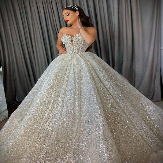 Vestido de Novia sin Tirantes con Lentejuelas Brillantes, Cuentas, sin Mangas, hasta el Suelo, Hecho a Medida, Espalda Descubierta, Vestido de Novia