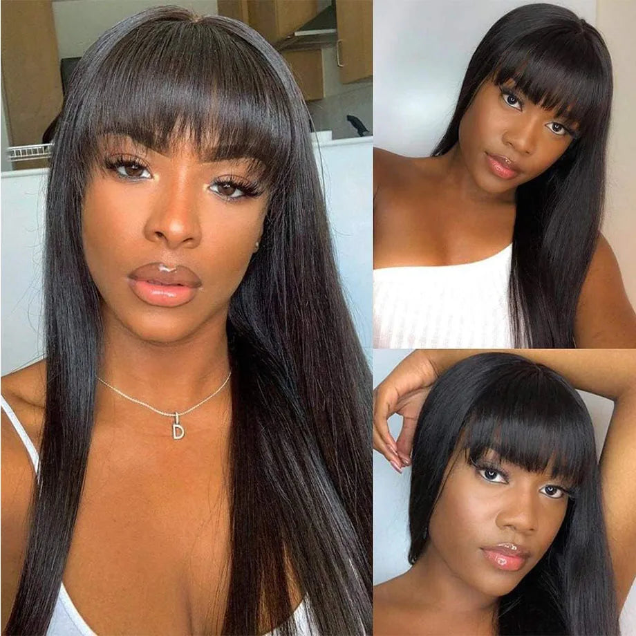 Long Straight Wig with Bangs | 30-32 Inch Brazilian Remy Hair | Middle Part Wig for Black Women