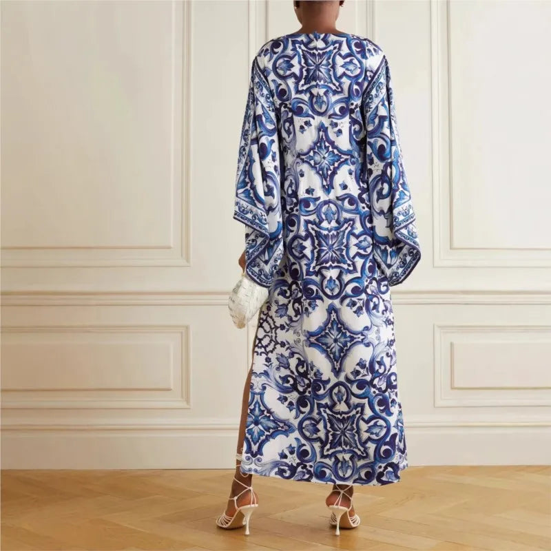 Blue & White Porcelain Print Midi Dress – Slash Neck, 3/4 Sleeve, Side Split Luxegan