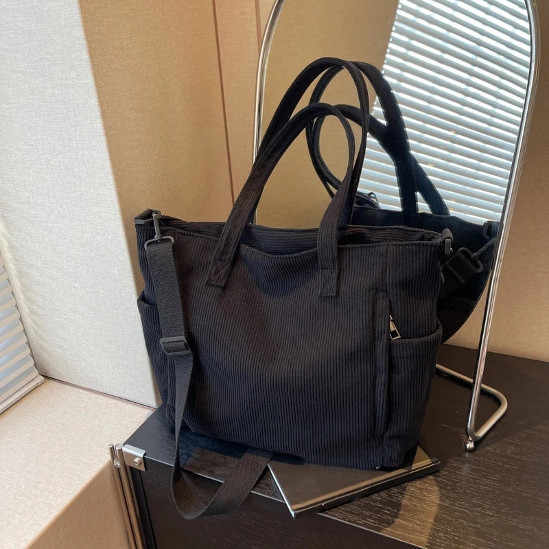 Corduroy Large Capacity Commuting Tote | Fashionable Striped Velvet Shoulder Bag Luxegan