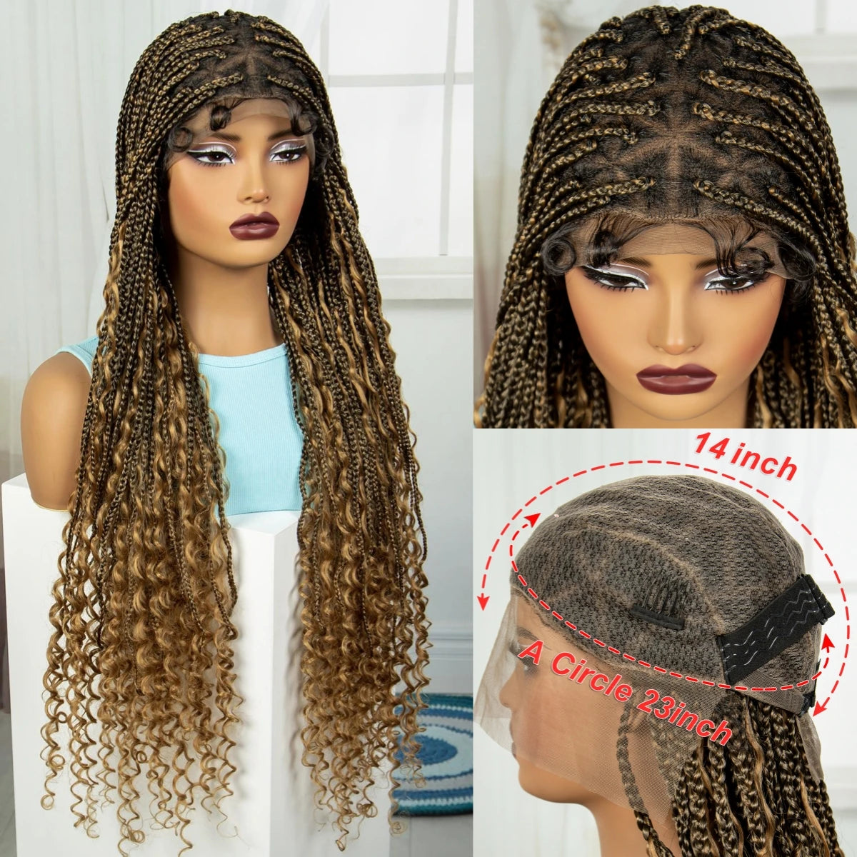 36" Ombre Boho Knotless Braids Wig | Curly Ends | HD Full Lace | Baby Hair Luxegan