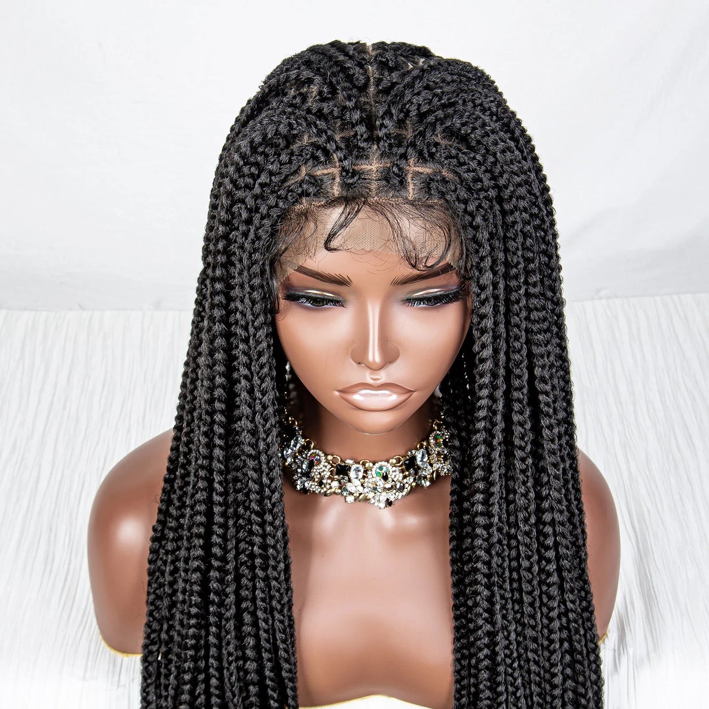 36" Curly End Box Braided Full Lace Wig | Straight Cornrows | Kanekalon Synthetic Braids Luxegan