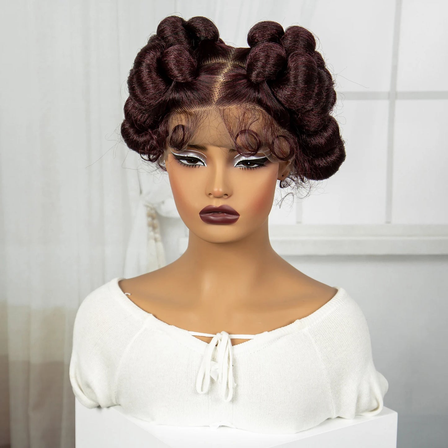 Short Cute Burgundy Bantu Knotless Braids Wig | Full Lace Handmade Luxegan