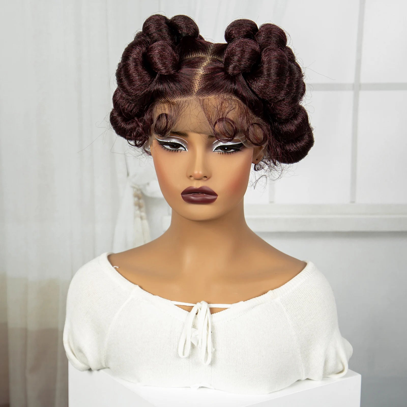 Short Cute Burgundy Bantu Knotless Braids Wig | Full Lace Handmade Luxegan