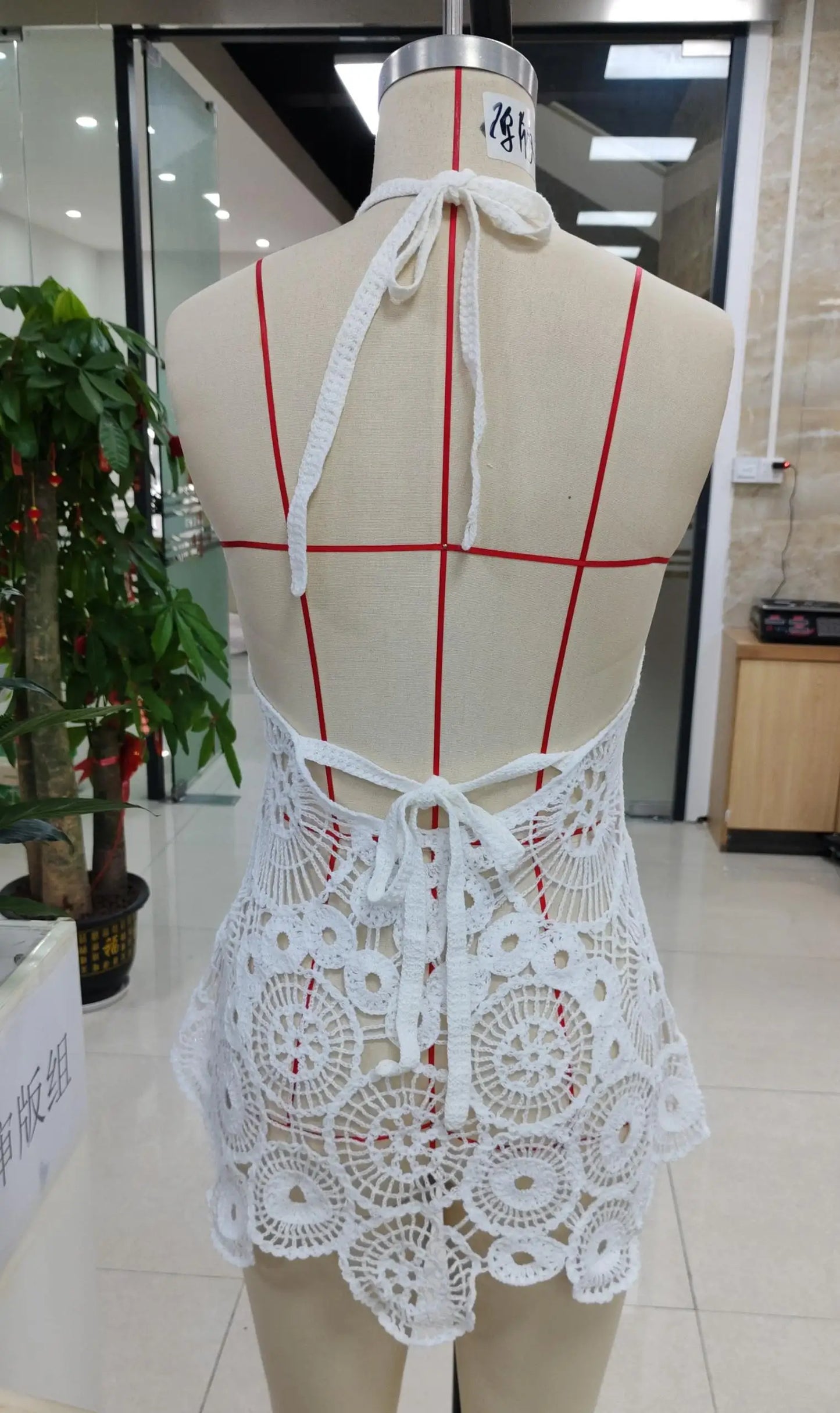 Combhasaki Women Summer Boho Knitted Crochet Halter Neck Swimsuit Coverups VNeck Hollow Out Irregular Hem Short Mini Beach Dress