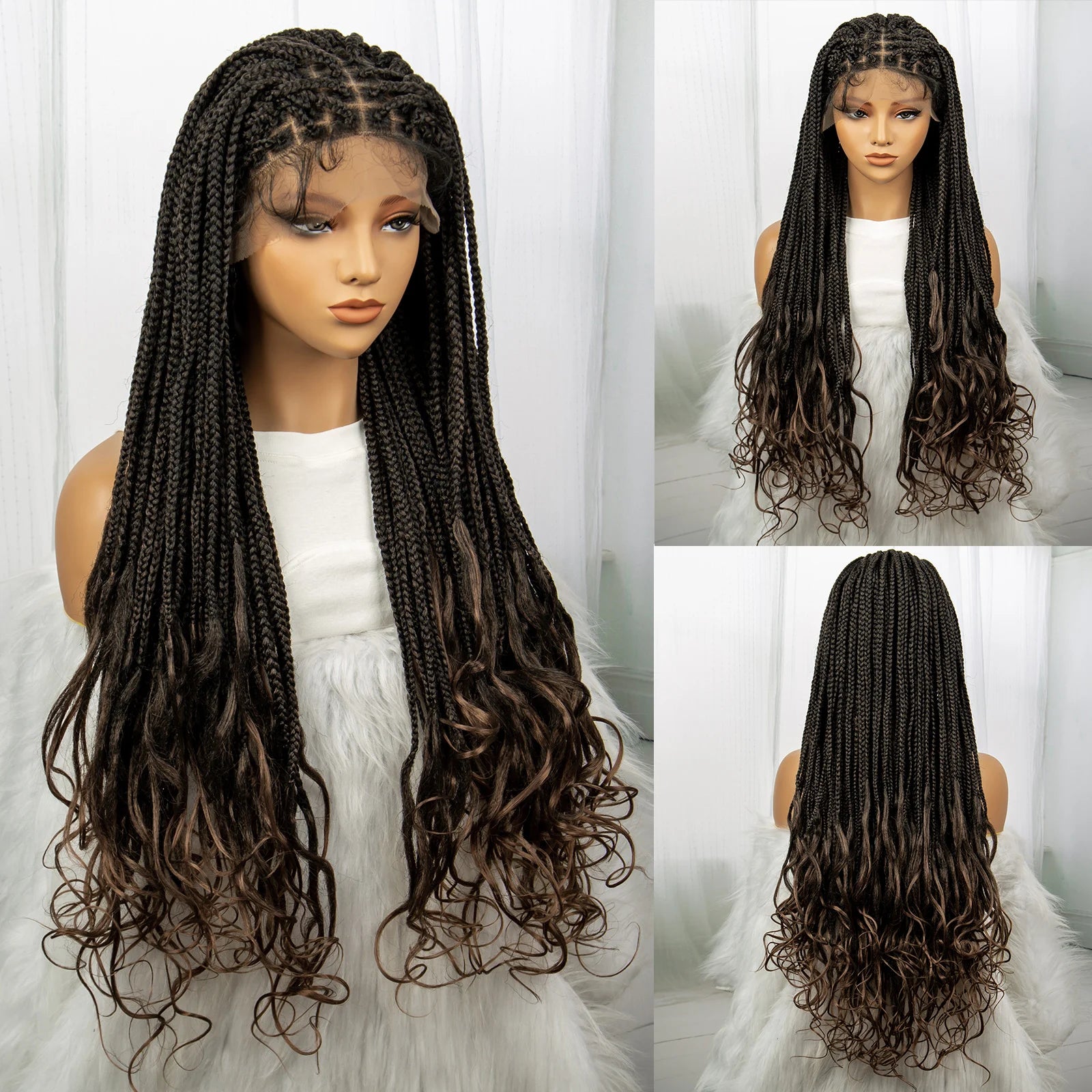 36" Knotless Braids Wig with Curly Ends | Lace Front | Synthetic Hair | Black Women