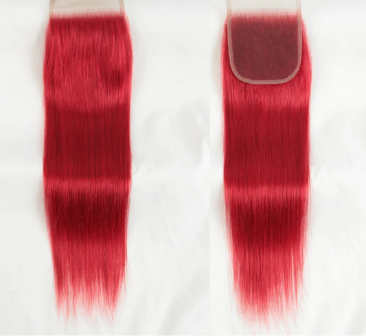 180% Density Red Straight 4x4 Lace Closure | 100% Brazilian Human Hair (Pre-Plucked, Transparent Swiss Lace) Luxegan