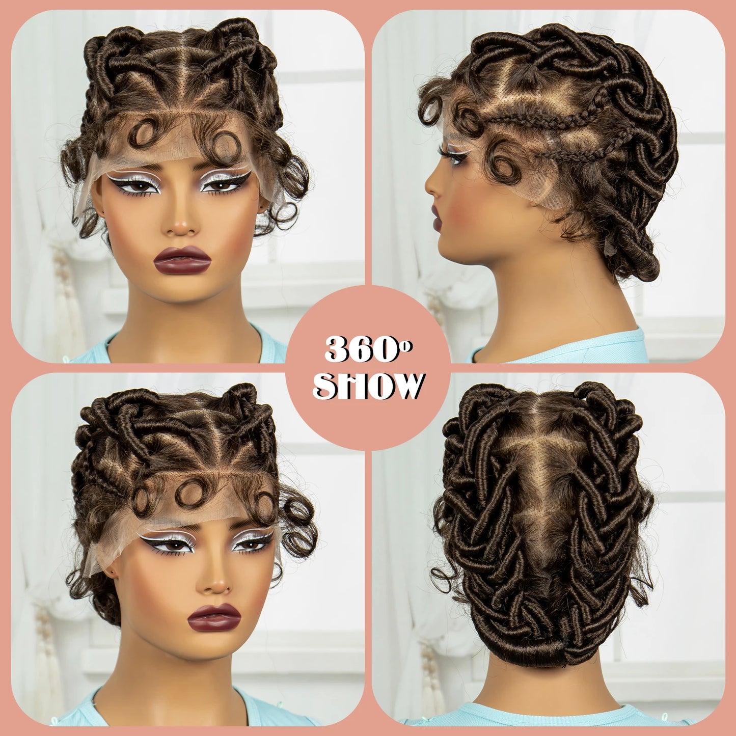 Burgundy Full Lace Synthetic Braided Wig | Knotless Box Braids & Bantu Knots | Lace Front Wig with Baby Hair for Black Women