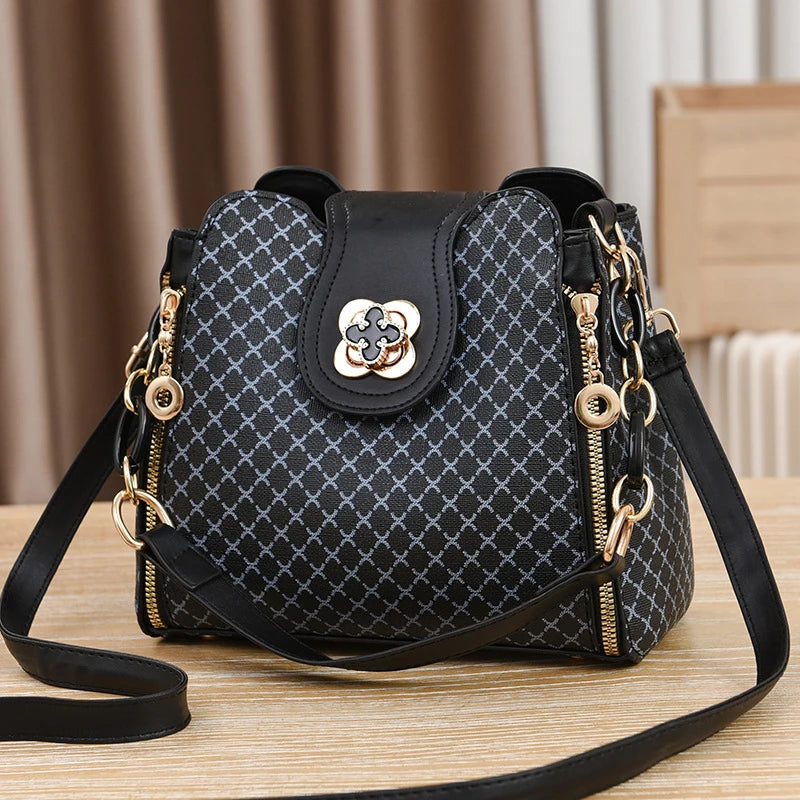PU Leather Bucket Bag | Luxury Check Print Large Capacity Crossbody Handbag Luxegan