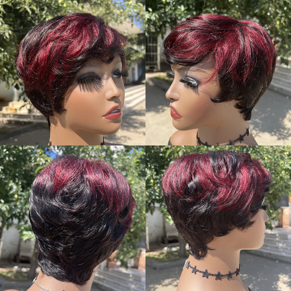 Short Pixie Cut Wig Human Hair | Machine Made Wig with Bangs | Brazilian Remy Hair | Pixie Wig for Black Women