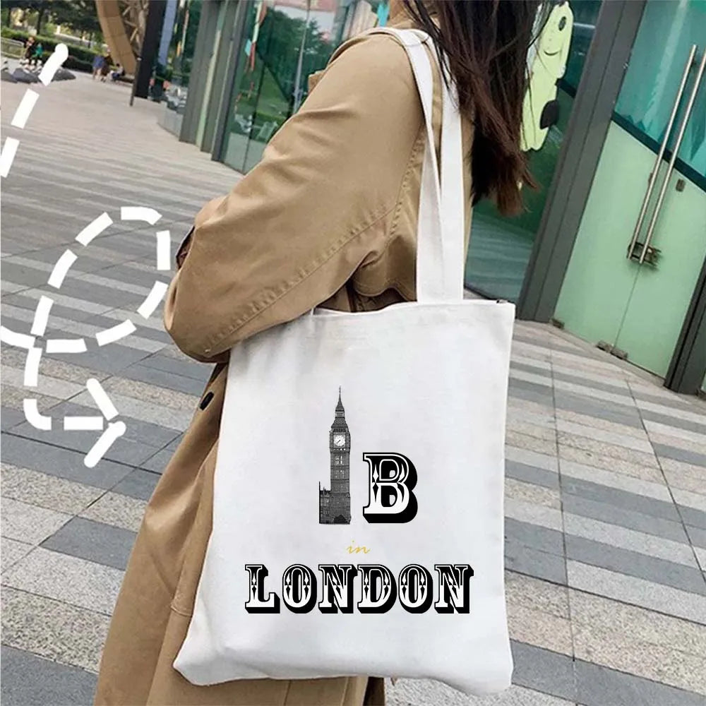 London Big Ben England Map Flag Canvas Tote Bag | UK City Landscape Skyline Shoulder Shopping Handbag (Women's Tourist Gift) Luxegan