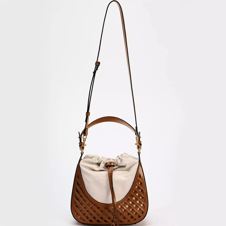 Fashionable Autumn & Winter Woven Hollow Shoulder & Crossbody Bag | Retro Versatile Travel Contrast Color Large Capacity Canvas Handbag Luxegan
