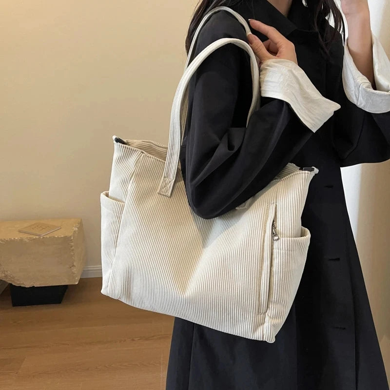 Corduroy Large Capacity Commuting Tote | Fashionable Striped Velvet Shoulder Bag Luxegan