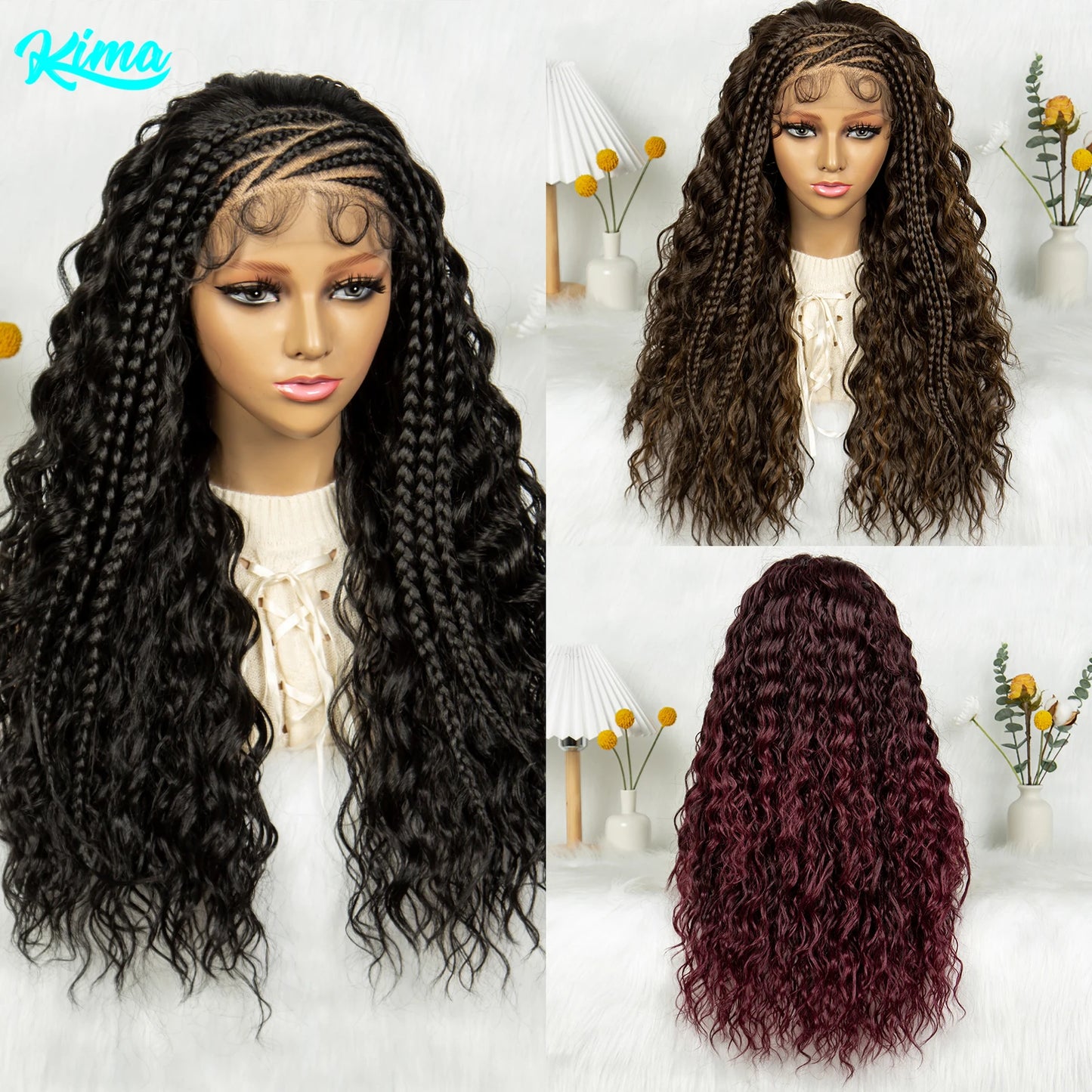 Burgundy Cornrow Stitch Curly Braids Wig | 13x4 Lace Front | Baby Hair | KIMA Luxegan