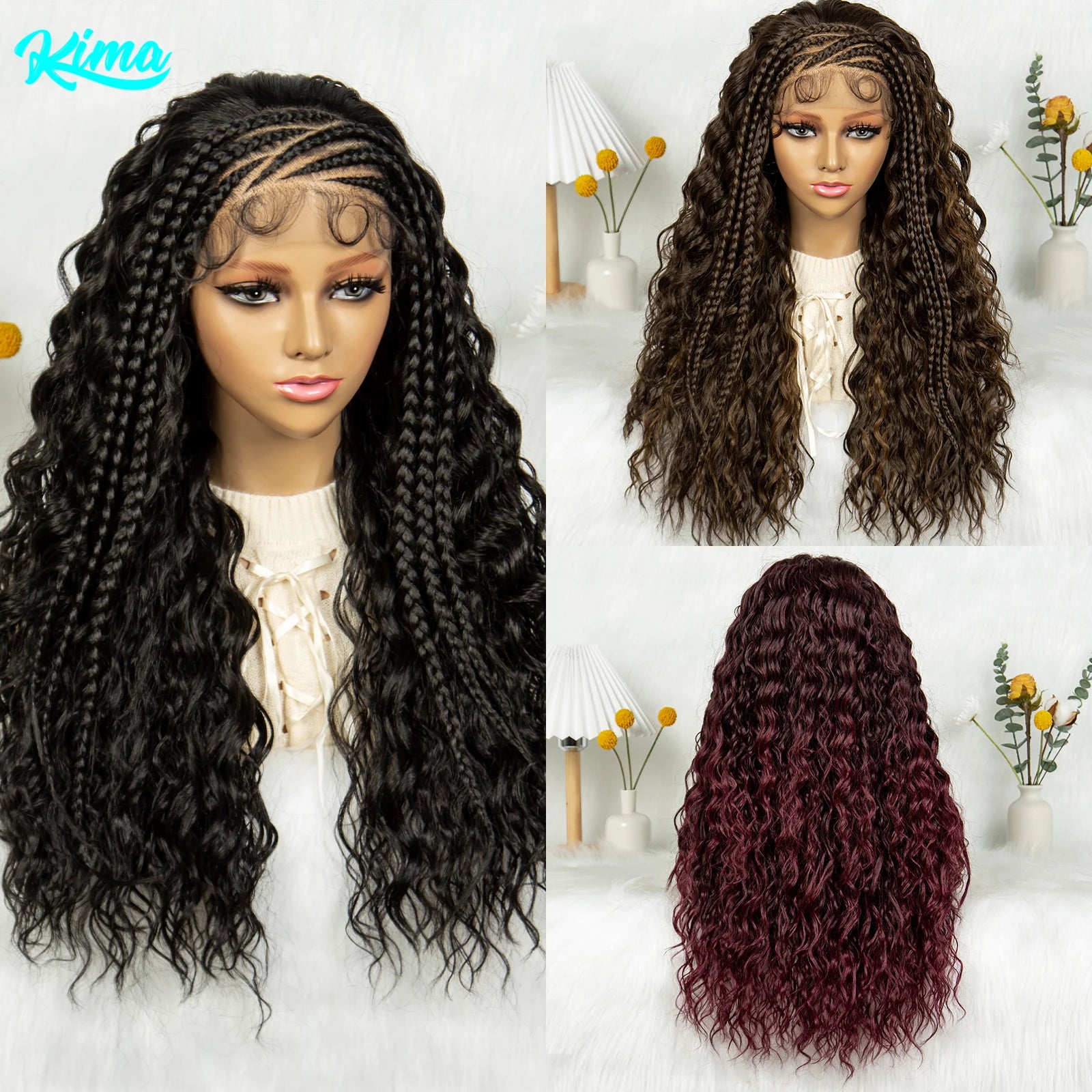 Burgundy Cornrow Stitch Curly Braids Wig | 13x4 Lace Front | Baby Hair | KIMA Luxegan