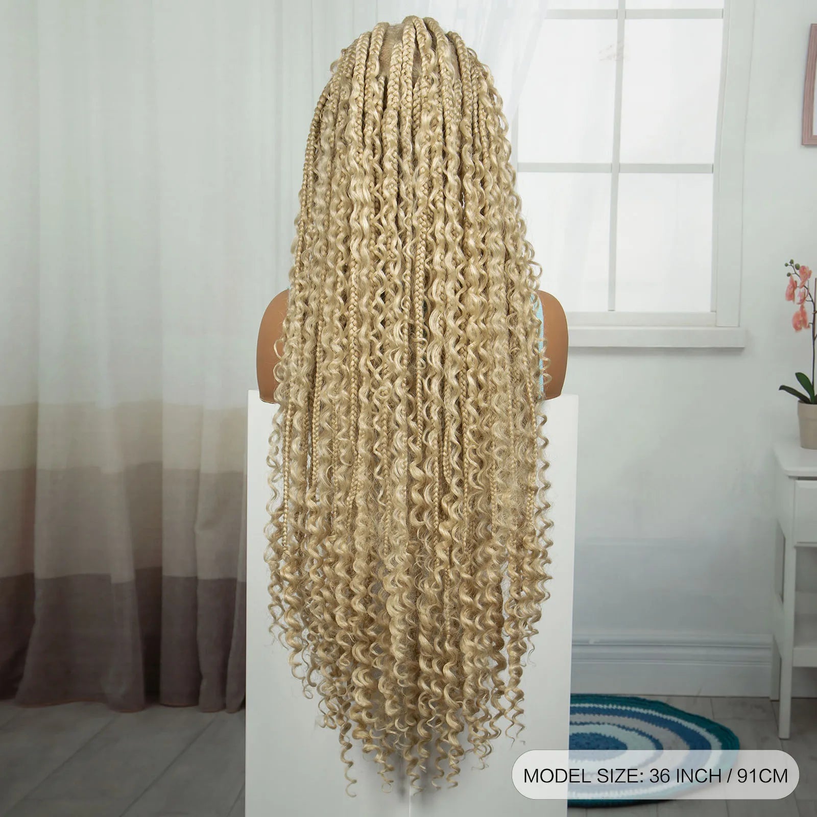 36 Inch Boho Knotless Box Braids Full Lace Wig | Transparent Lace Synthetic Braided Wig with Curly Ends Luxegan