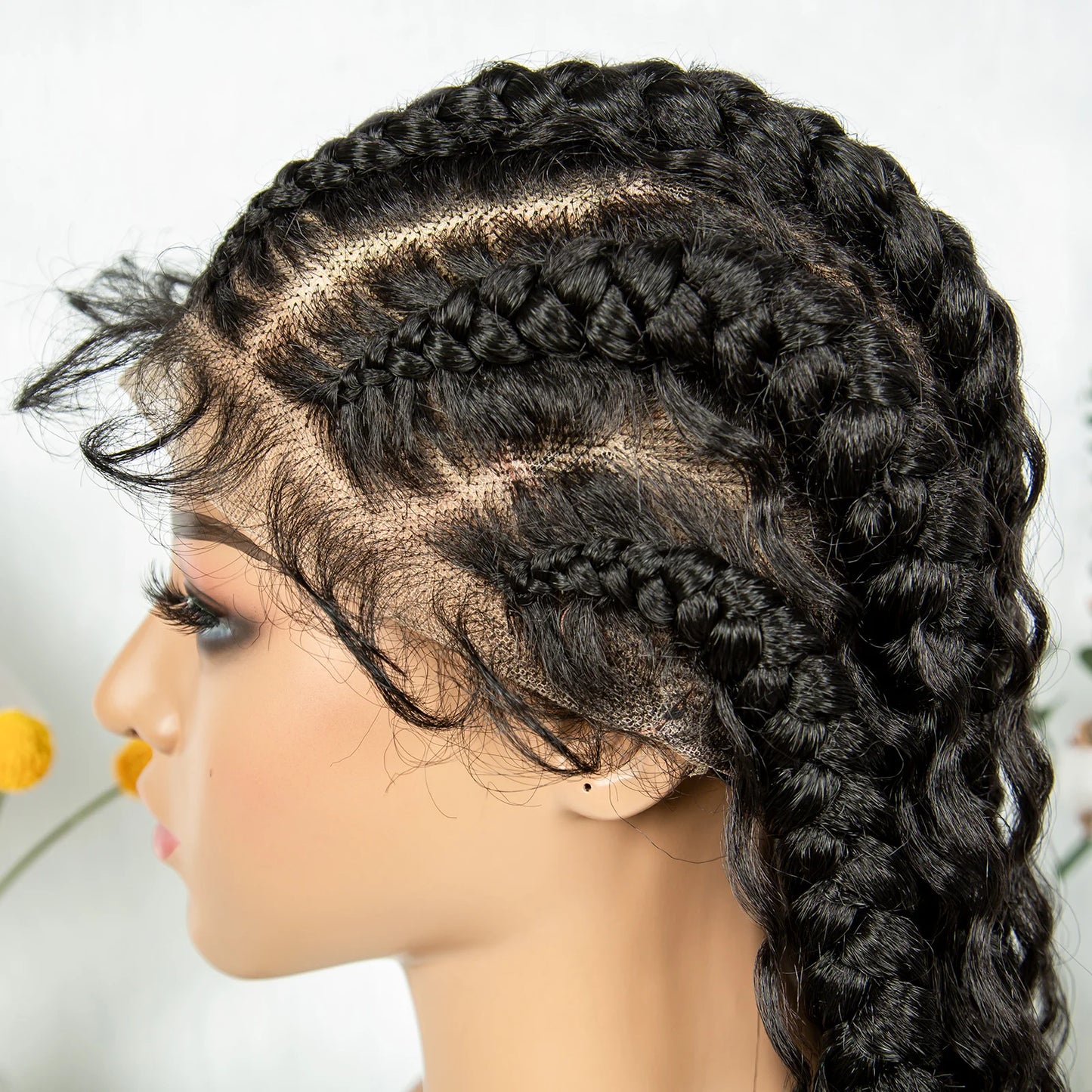 Cornrow Braided Wigs Synthetic Transparent Full Lace Wig With Baby Hair Braiding Wig Boho Cornrow Wig Curly End For Black Women