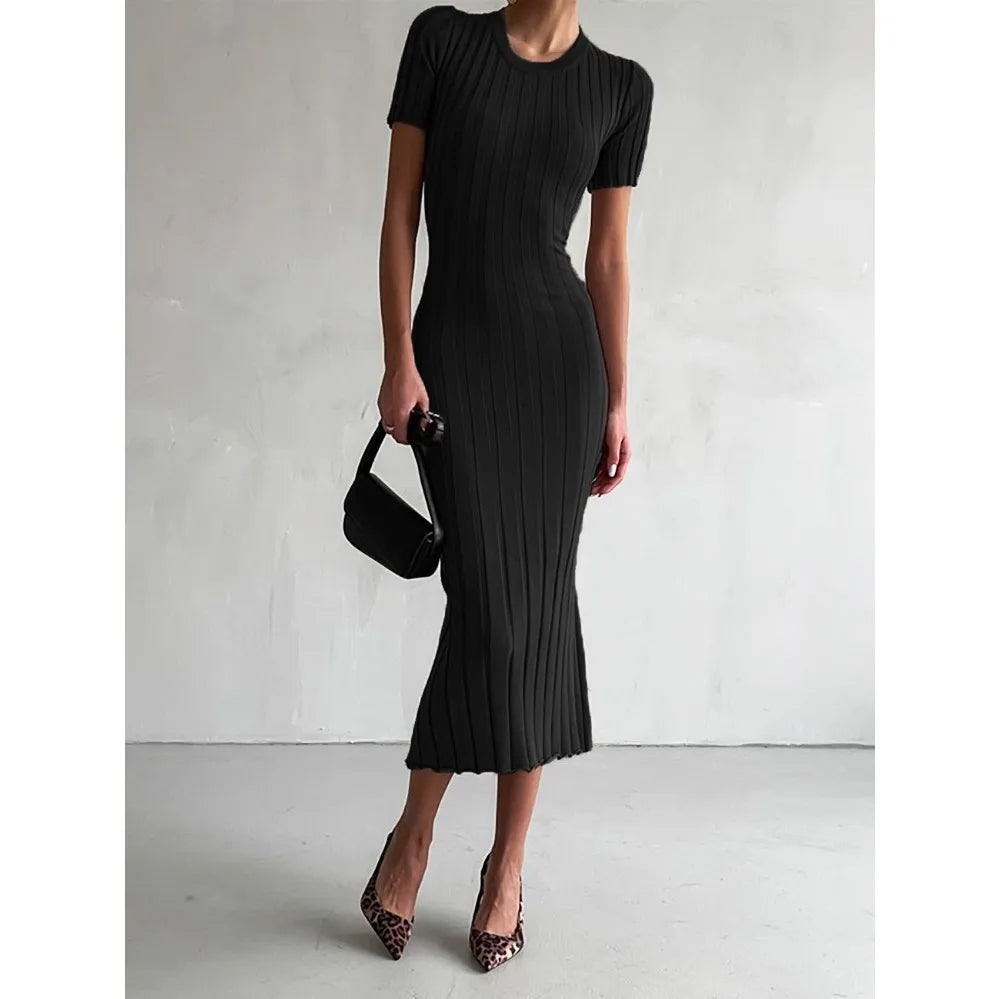 Summer Knitted Tight Maxi Dress | Sophisticated Medium Round Neck Silhouette | Elegant "High Waist" Commuter Long Skirt | "Dignified" Pure Color Knitwear for Radiant Versatile Styling Luxegan