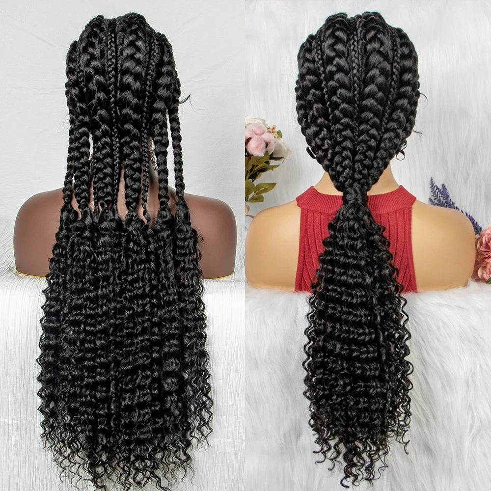 28" Blonde Knotless Cornrow Braids Wig with Curly Ends | Lace Frontal | Baby Hair Luxegan