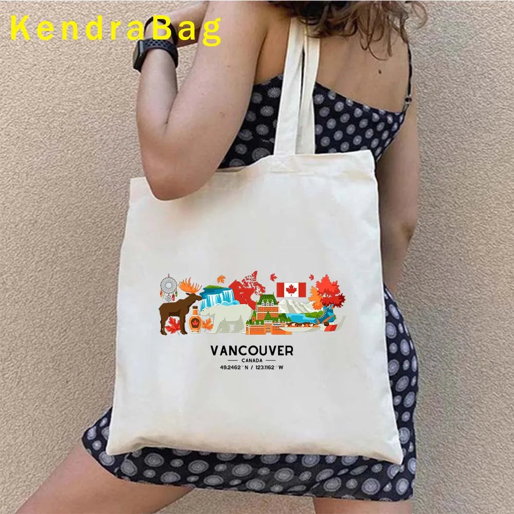 Canadian City Landscape Cotton Canvas Tote Bag | Happy Canada Day Tourist Gift | Reusable Eco-Friendly Shoulder Handbag (Women)