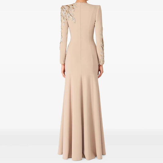Crystal Beading A-Line Prom Gown | O-Neck Full Sleeve Floor-Length Evening Dress Luxegan