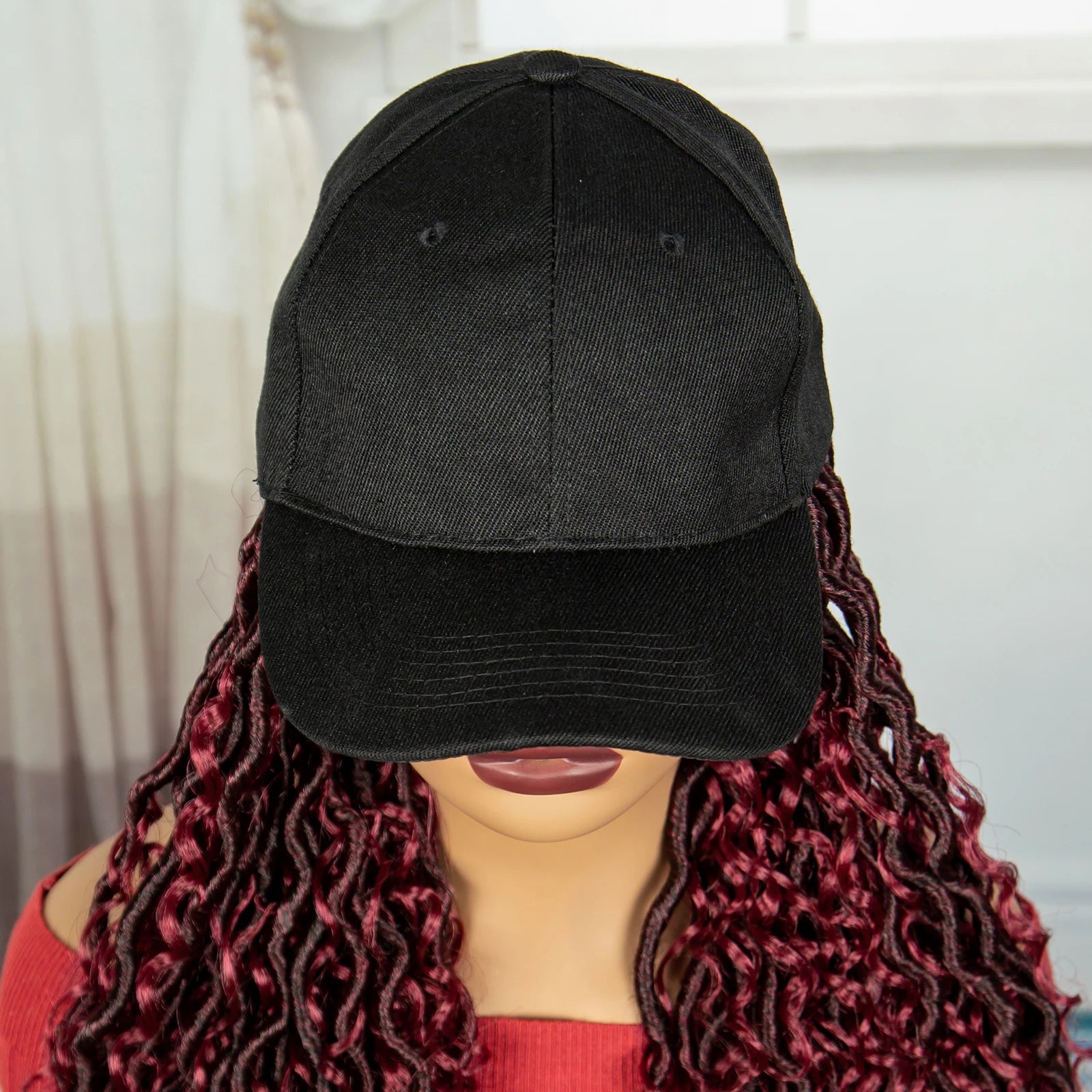 Burgundy Braided Hat Wig with Curly Ends | Knotless Braids | Adjustable Cap Luxegan